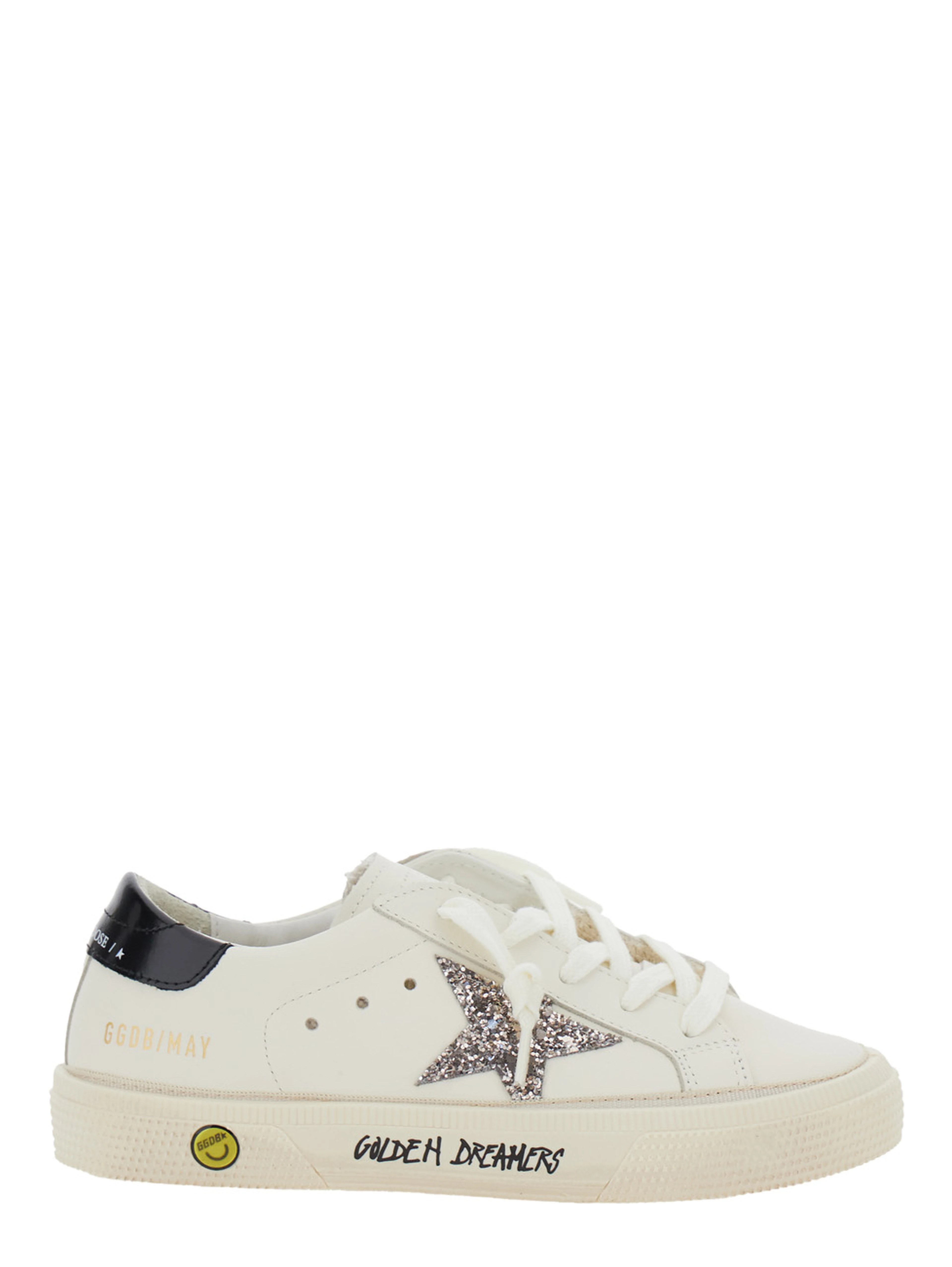 May White Low Top Sneakers with Glittered Star Patch and Contrasting Heel with Logo Lettering in Leather Girl