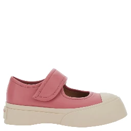 Mary Jane Pink Sandals with Touch-Strap Closure and Logo Patch on the Rear in Leather Woman