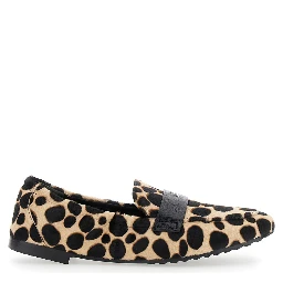 Beige Loafers with Front Logo and Animal Print in Leather Woman