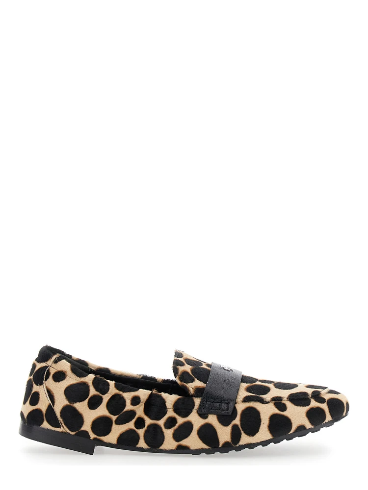 Beige Loafers with Front Logo and Animal Print in Leather Woman
