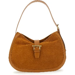 Brown Shoulder Bag with Adjustable Shoulder Strap and T Buckle Closure on the Front in Suede Woman