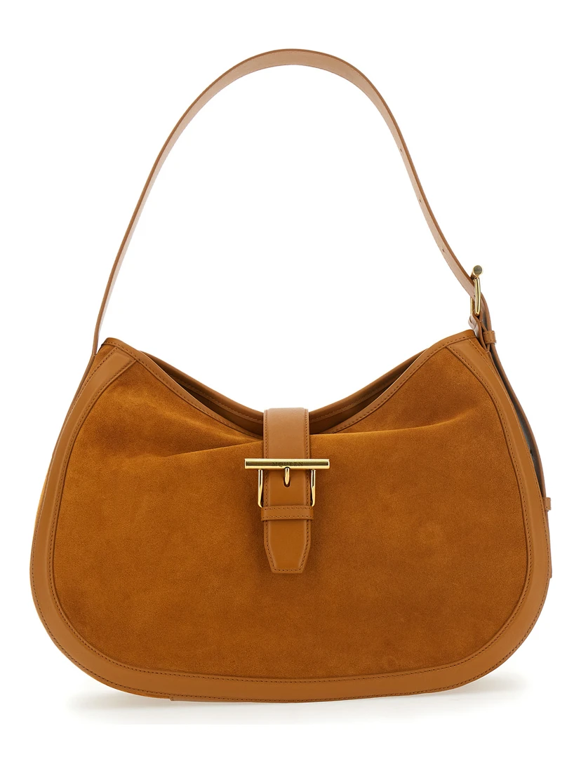 Brown Shoulder Bag with Adjustable Shoulder Strap and T Buckle Closure on the Front in Suede Woman