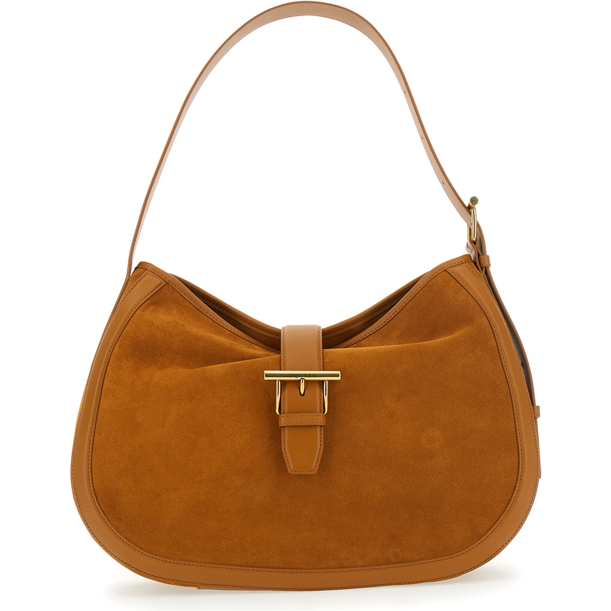 Brown Shoulder Bag with Adjustable Shoulder Strap and T Buckle Closure on the Front in Suede Woman