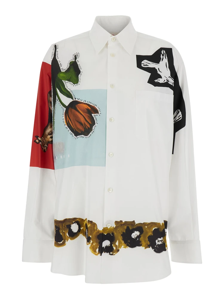 White Shirt with Classic Collar and Graphic Print on the Front in Cotton Woman