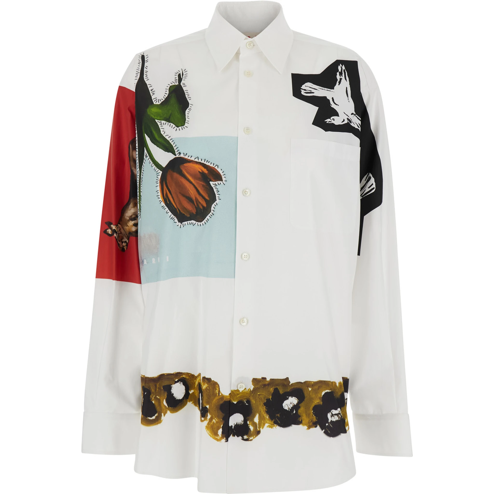 White Shirt with Classic Collar and Graphic Print on the Front in Cotton Woman