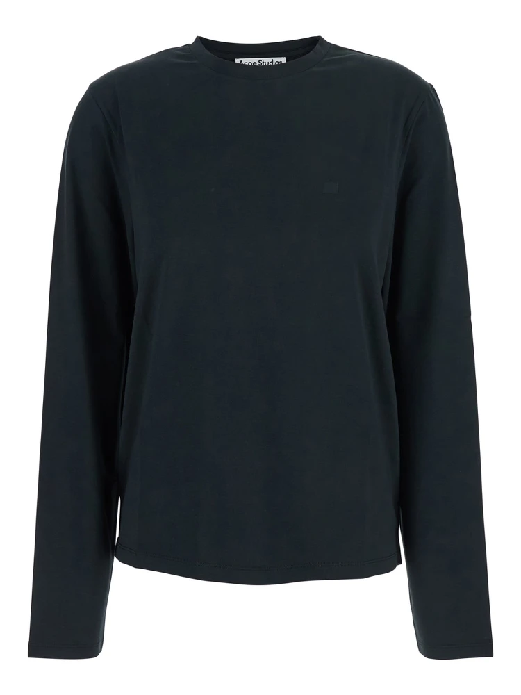 Black Long-Sleeved T-Shirt with Tone-on-Tone Logo on the Front in Cotton Woman