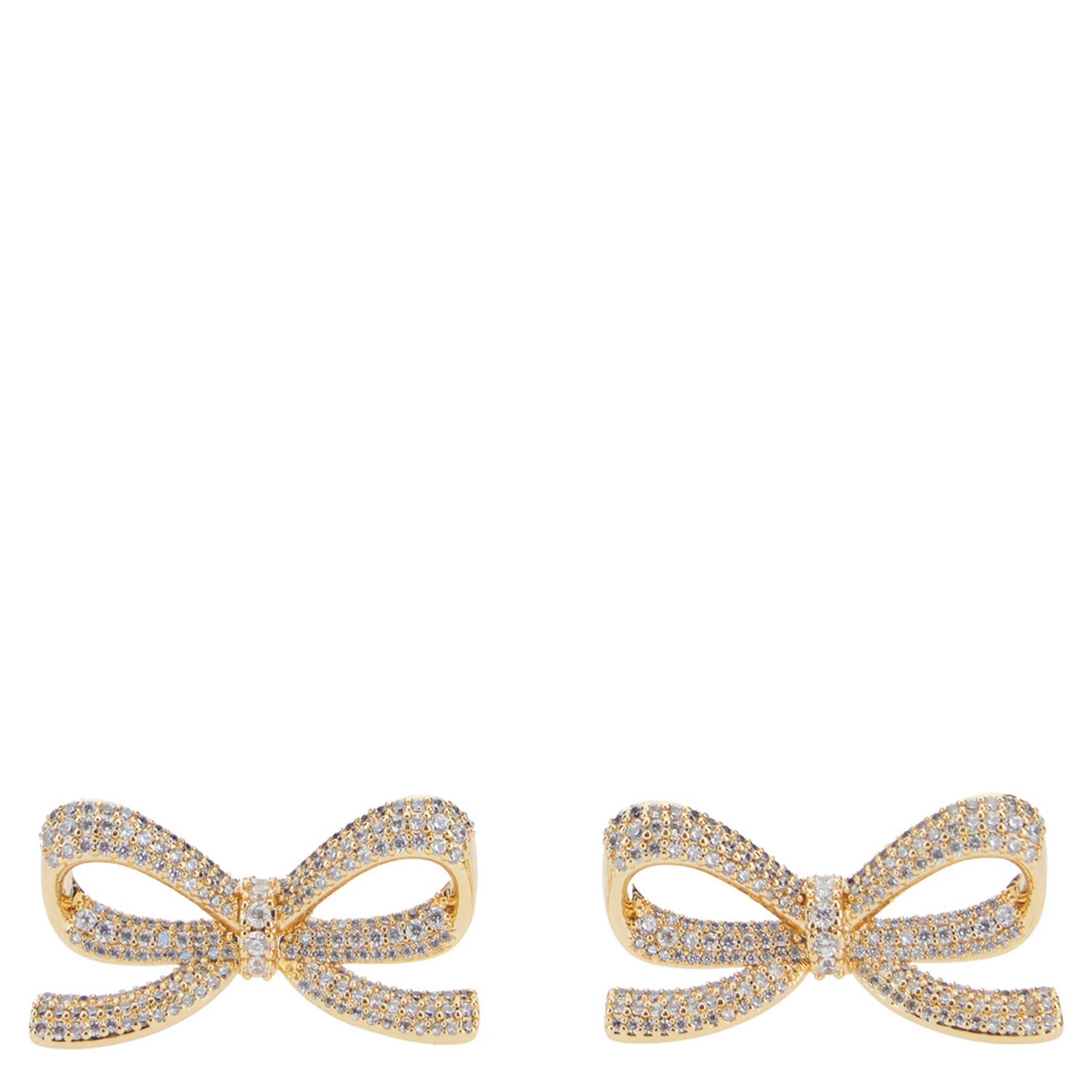 Metallic Bow Shaped Earings with Crystal Embellishments in Gold Plated Brass Woman