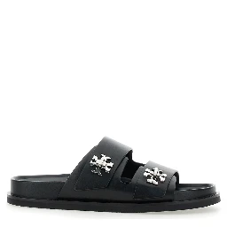 Turnlock Black Sandals with Double Strap and Logo Plaque in Leather Woman