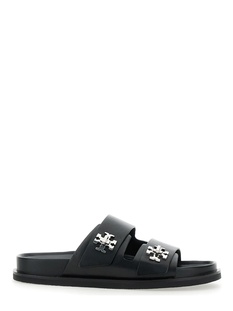 Turnlock Black Sandals with Double Strap and Logo Plaque in Leather Woman