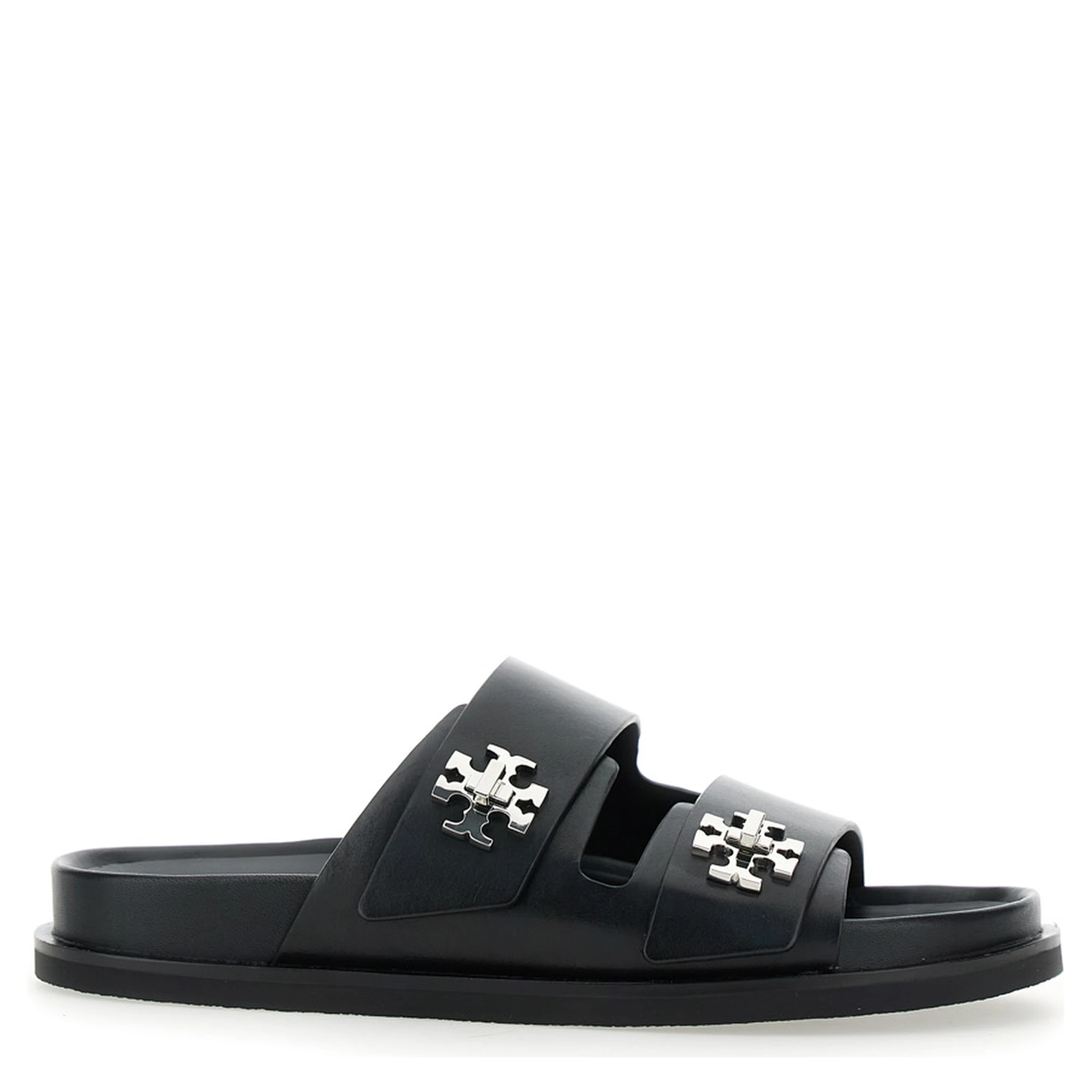 Turnlock Black Sandals with Double Strap and Logo Plaque in Leather Woman