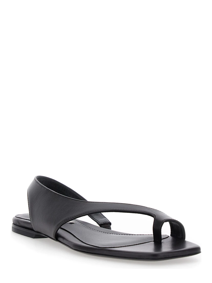 Black Sandals with Thong Design and Elastic Strap in Leather Woman
