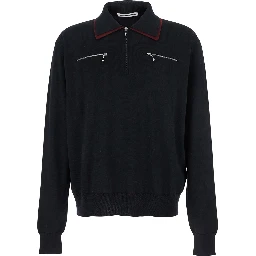 Black Sweater with Classic Collar and Front Zip Pockets in Wool Man