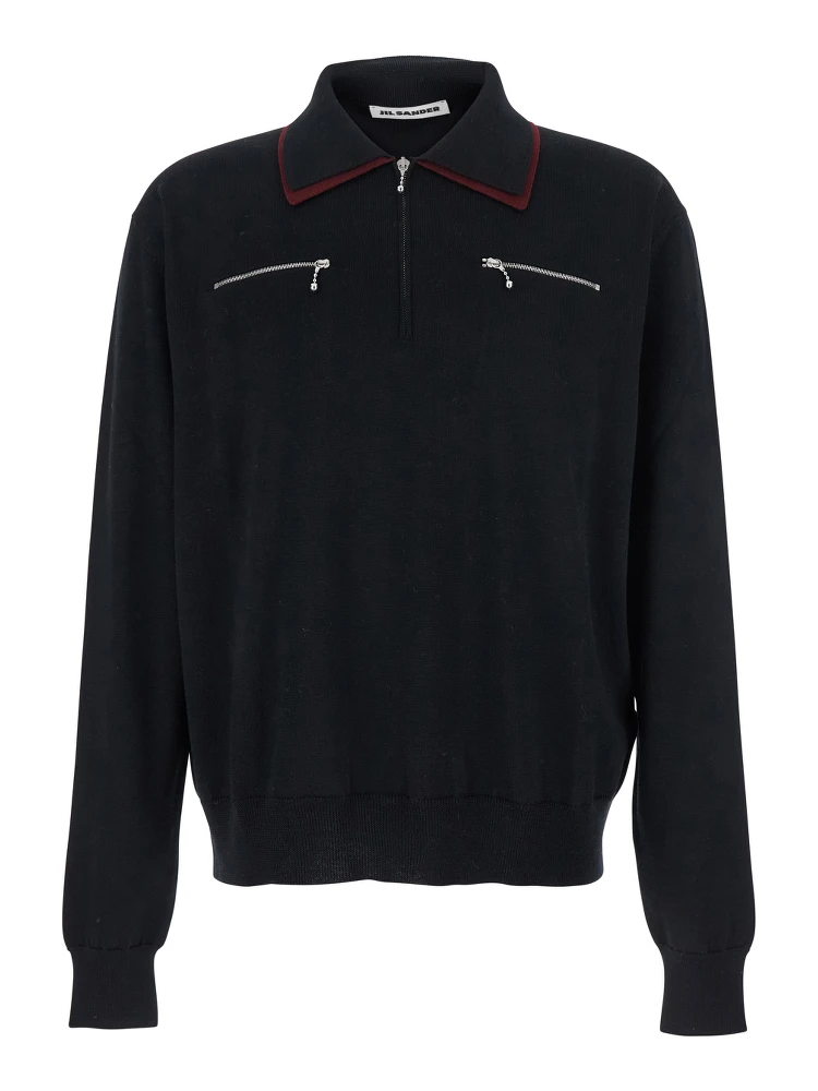 Black Sweater with Classic Collar and Front Zip Pockets in Wool Man