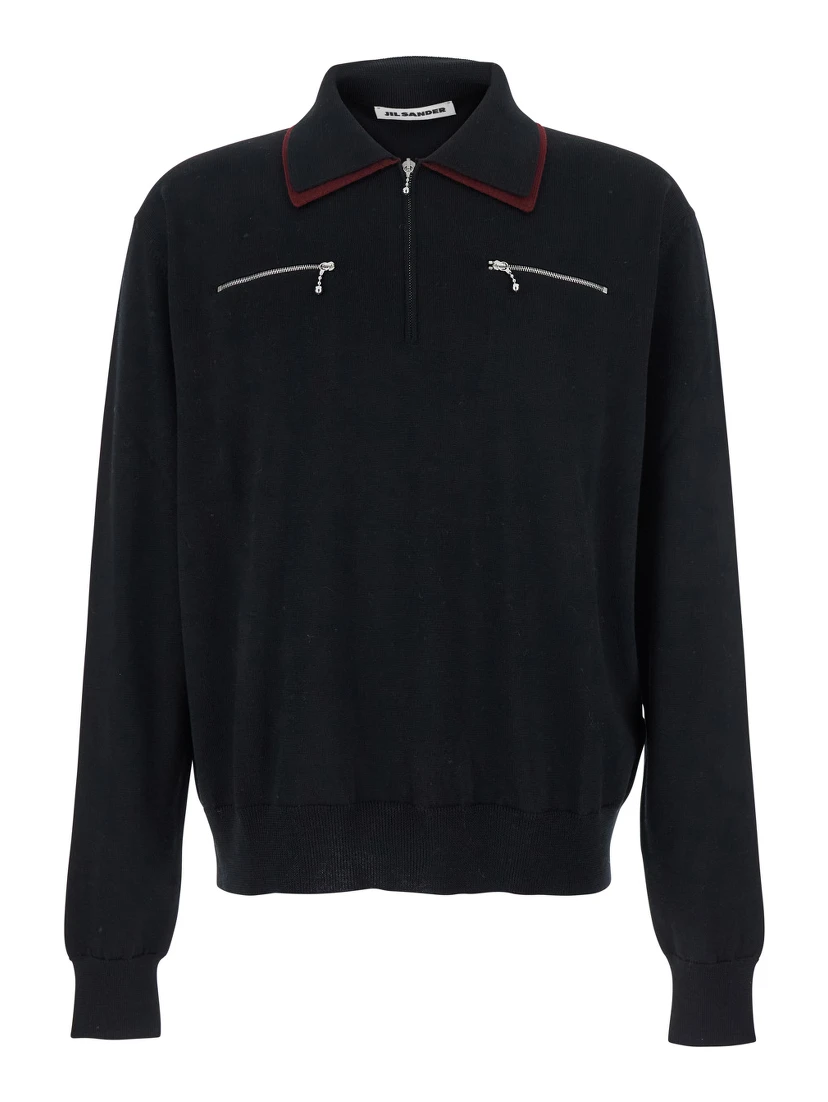 Black Sweater with Classic Collar and Front Zip Pockets in Wool Man