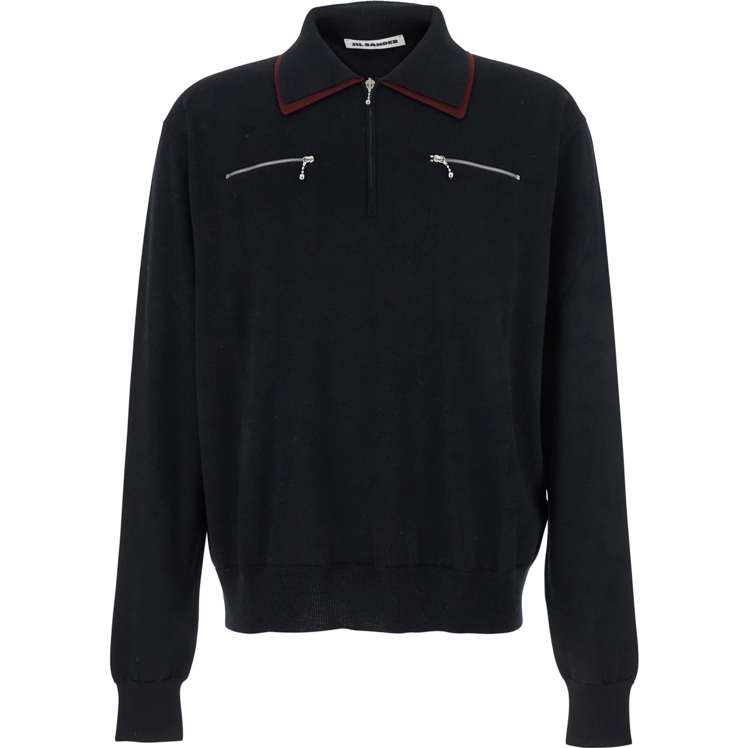 Black Sweater with Classic Collar and Front Zip Pockets in Wool Man