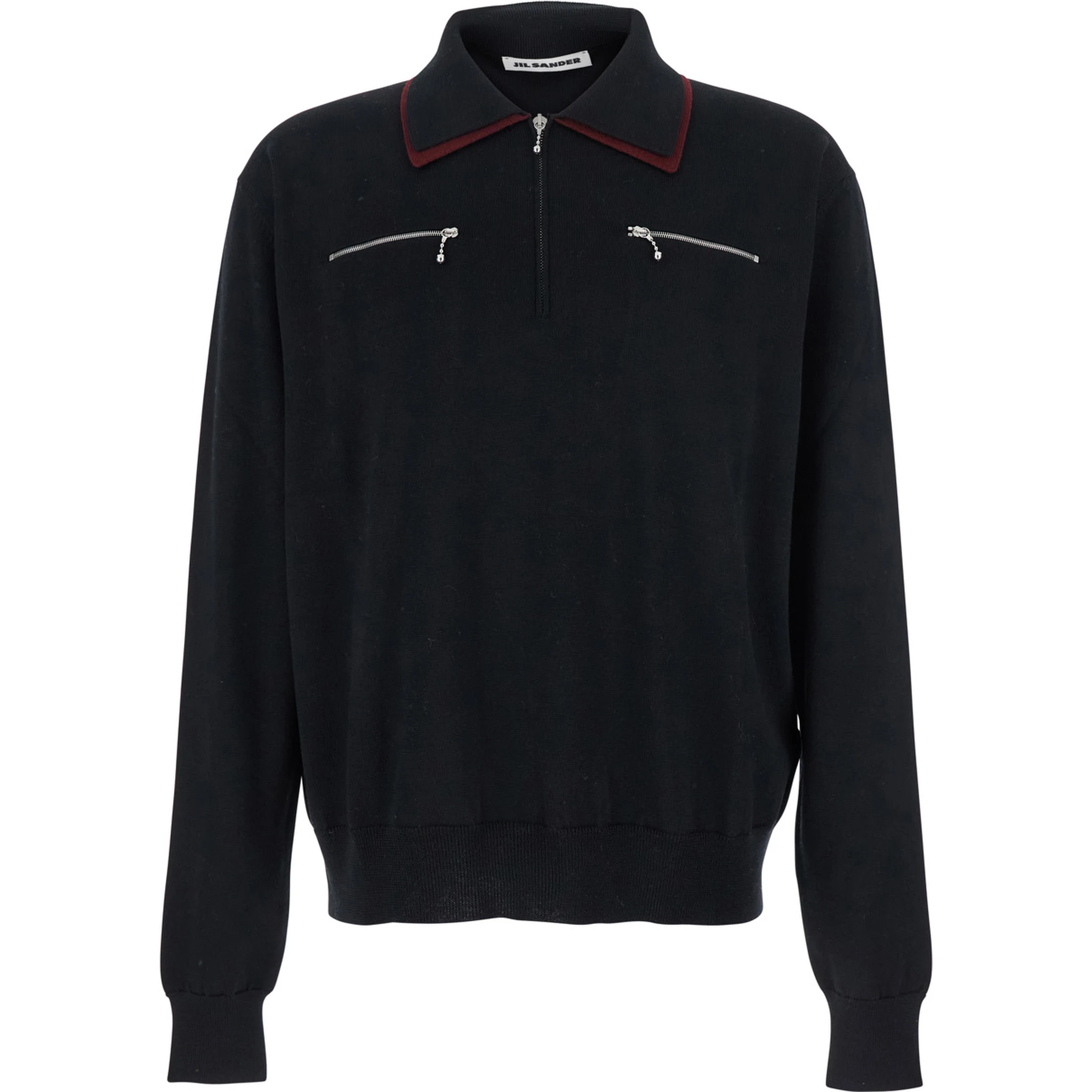 Black Sweater with Classic Collar and Front Zip Pockets in Wool Man