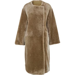 Beige Collarless Shearling Coat in Shearling Woman