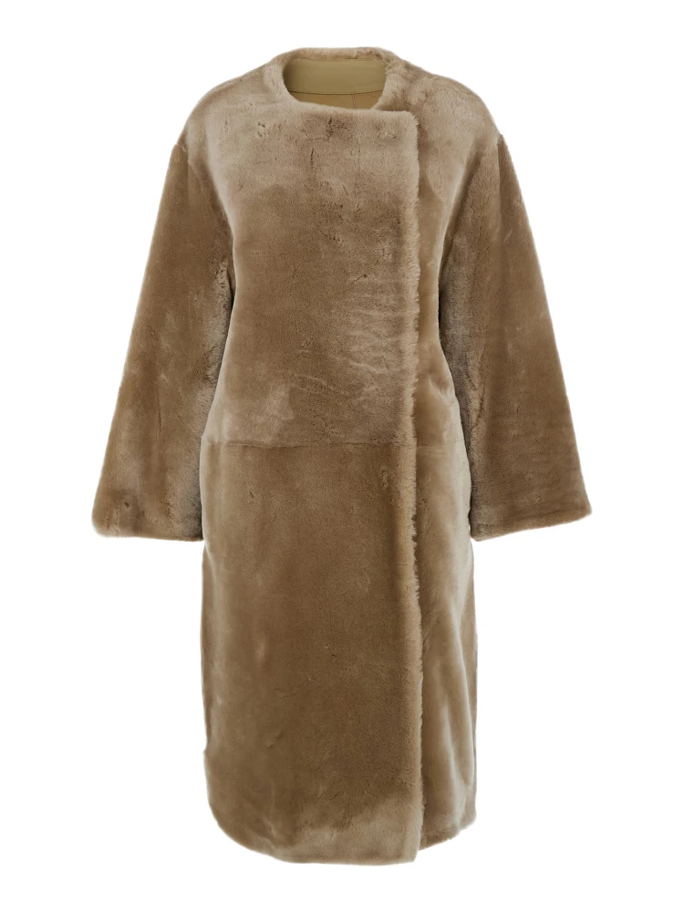 Beige Collarless Shearling Coat in Shearling Woman