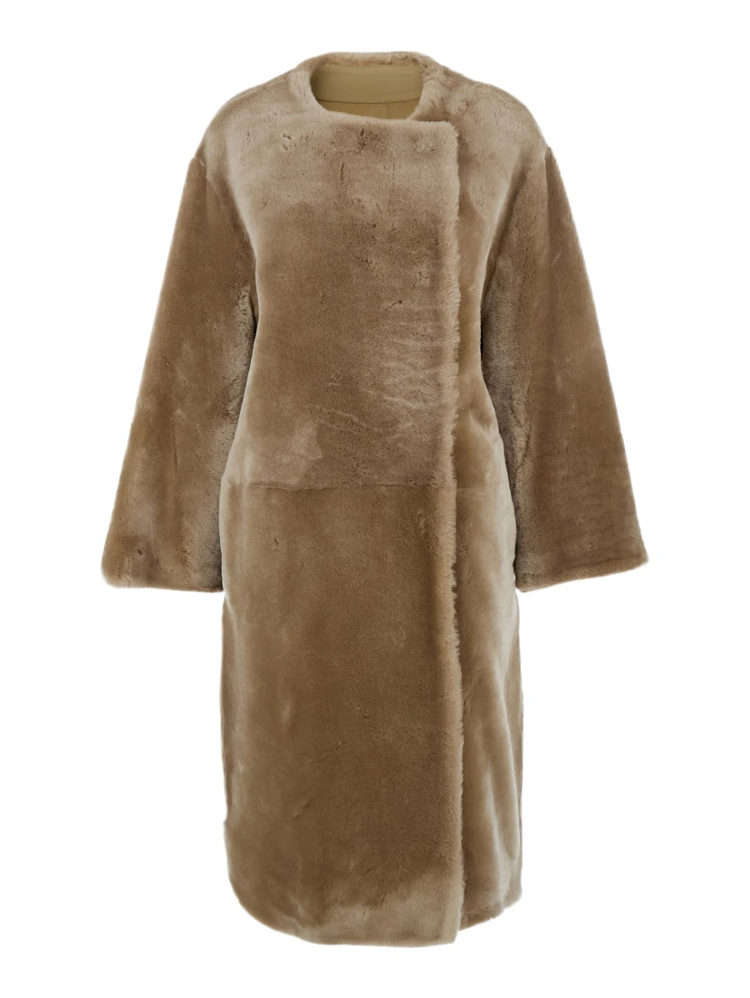 Beige Collarless Shearling Coat in Shearling Woman