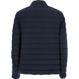 Laki Blue Down Jacket with High Neck and Logo Patch on the Sleeve in Tech Fabric Man