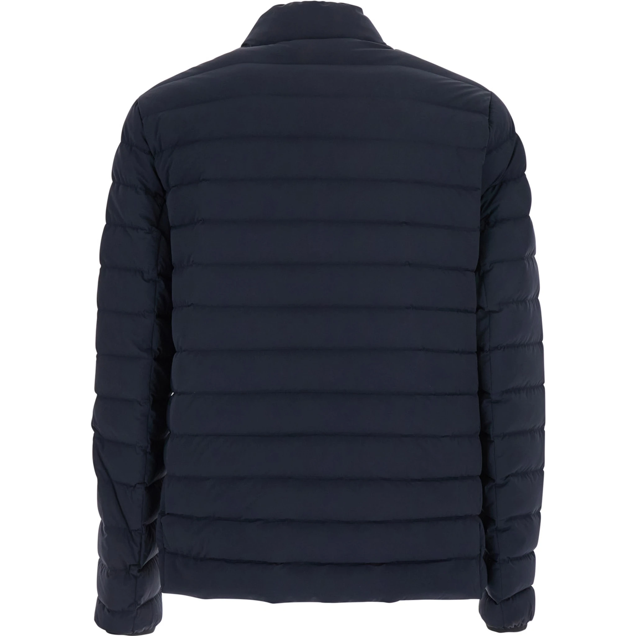 Laki Blue Down Jacket with High Neck and Logo Patch on the Sleeve in Tech Fabric Man