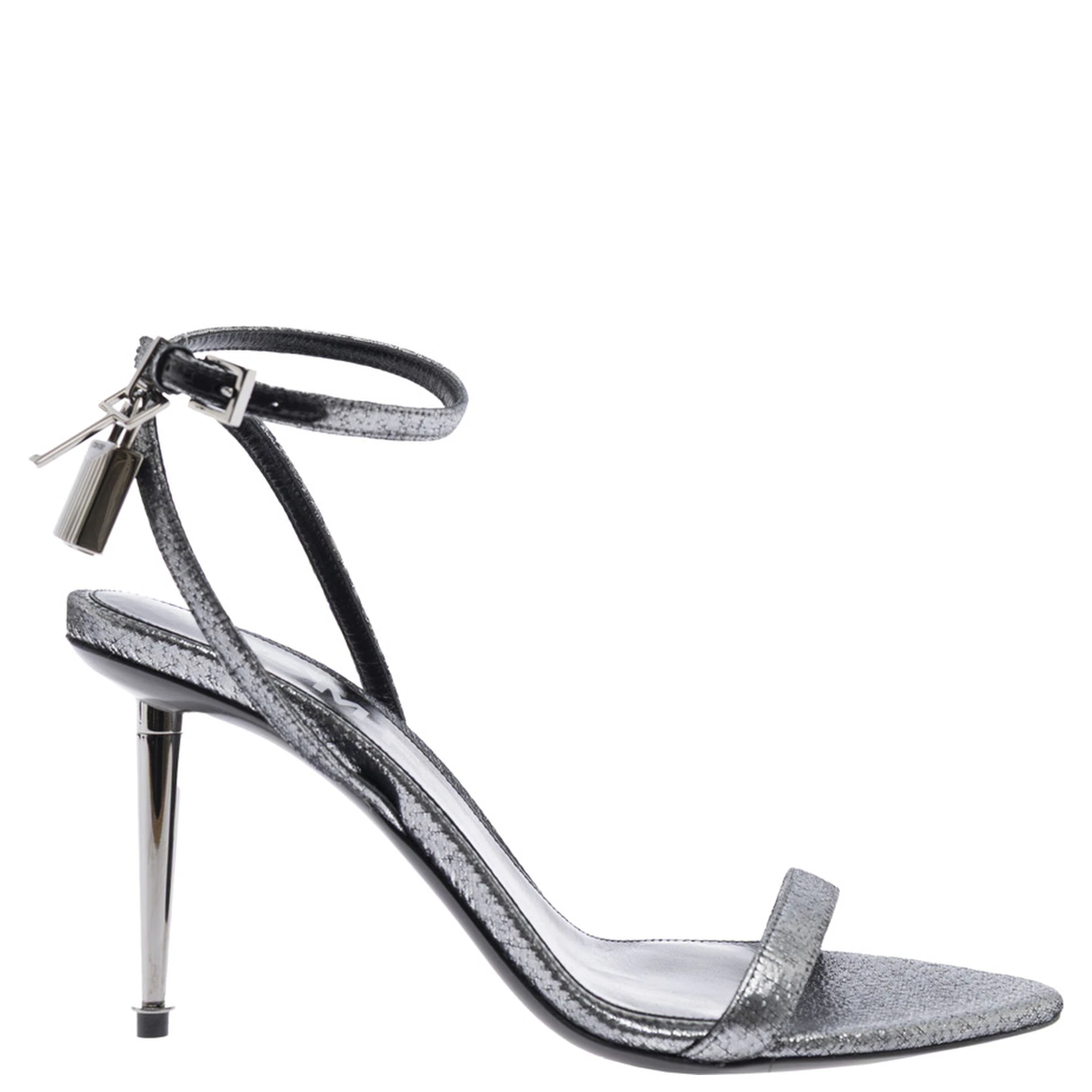 Metallic Sandals with High Stiletto Heel and Padlock Detail on the Ankle in Leather Woman