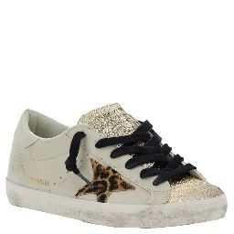 Superstar White Low Top Sneakers with Glittered Star Patch and Laminated Heel with Logo Lettering in Leather Woman