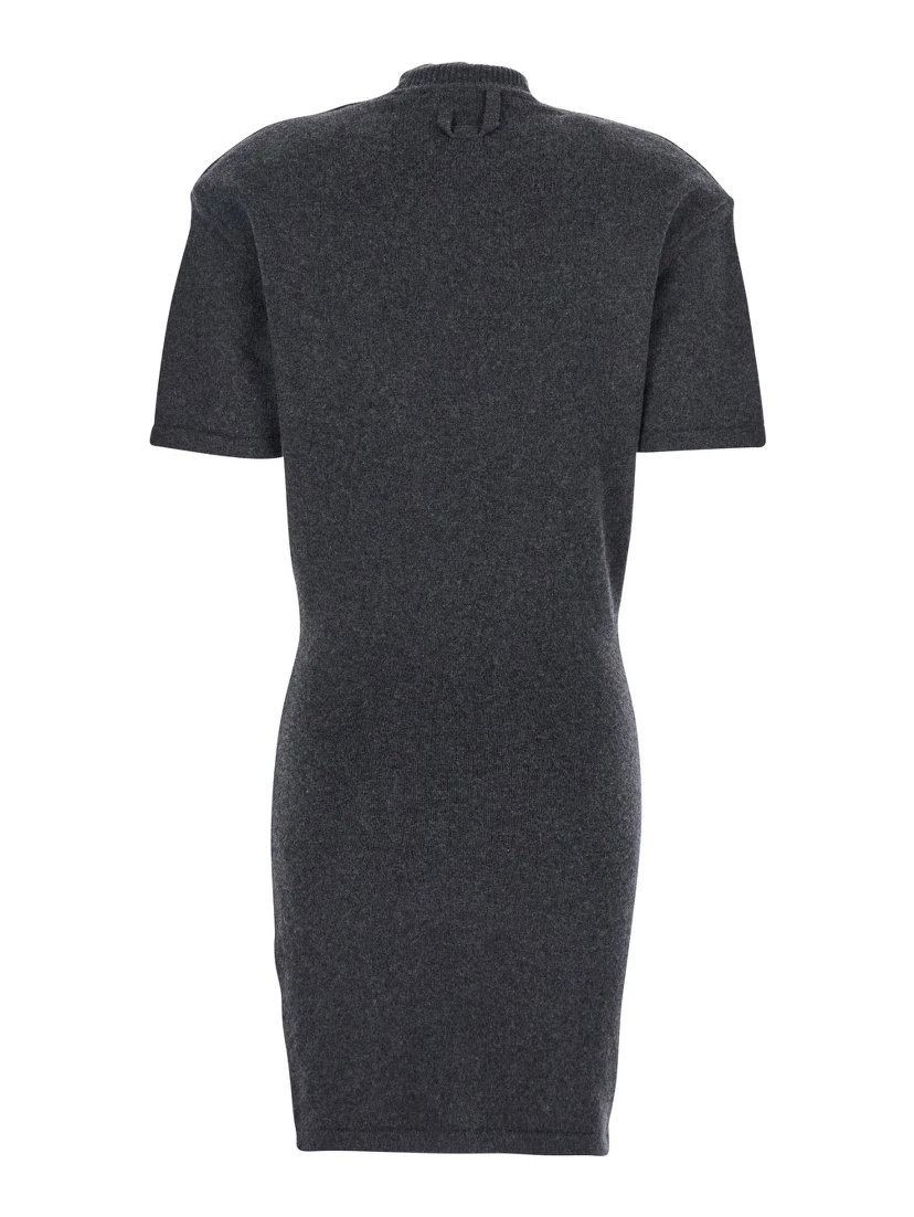 Grey High Neck Dress with Back Application in Wool Woman