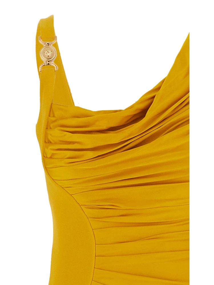 Orange Sleeveless Long Dress with Medusa Plaque on the Front Draping in Viscose Woman alternative