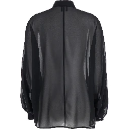 Black Oversize Blouse with Classic Collar and See-Through Design in Fabric Woman