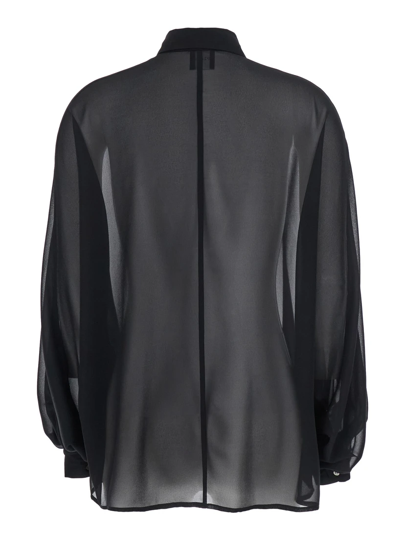 Black Oversize Blouse with Classic Collar and See-Through Design in Fabric Woman