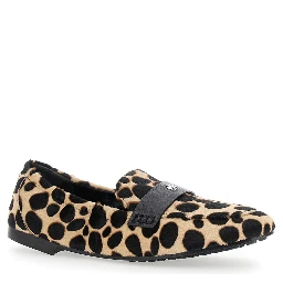 Beige Loafers with Front Logo and Animal Print in Leather Woman