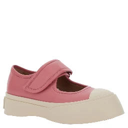 Mary Jane Pink Sandals with Touch-Strap Closure and Logo Patch on the Rear in Leather Woman