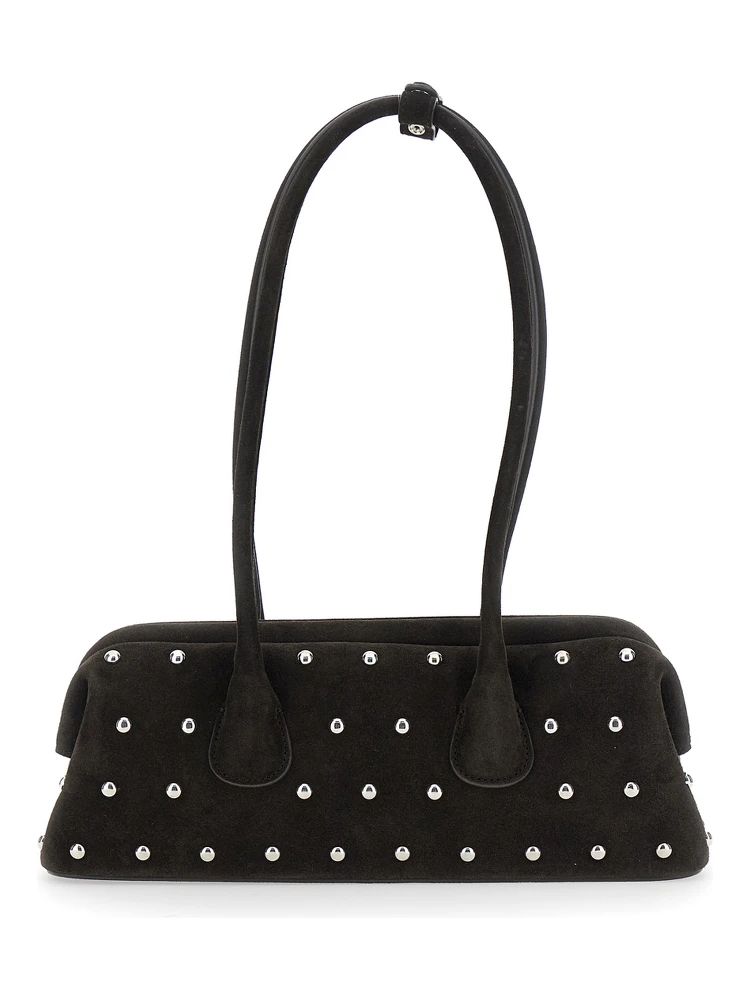 Boat Wide Mini Brown Shoulder Bag with Round Handles and Beaded Embellishment in Suede Woman alternative