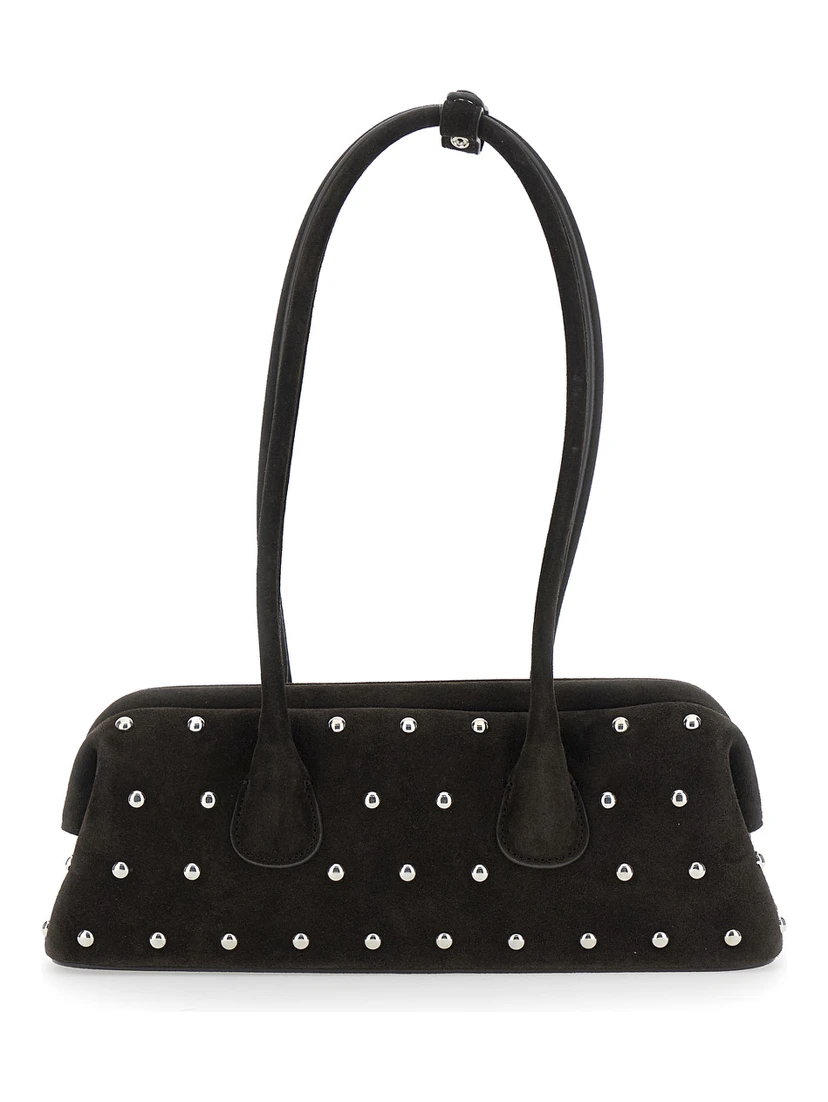 Boat Wide Mini Brown Shoulder Bag with Round Handles and Beaded Embellishment in Suede Woman