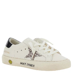 May White Low Top Sneakers with Glittered Star Patch and Contrasting Heel with Logo Lettering in Leather Girl