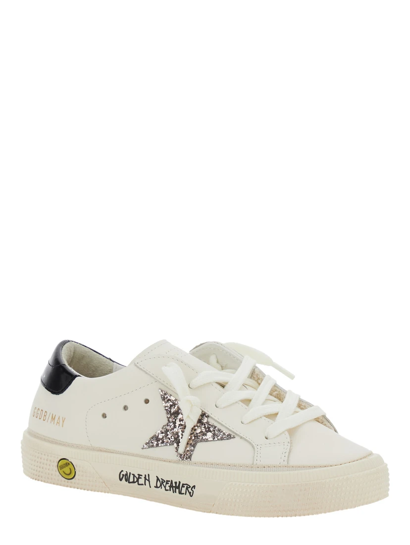 May White Low Top Sneakers with Glittered Star Patch and Contrasting Heel with Logo Lettering in Leather Girl
