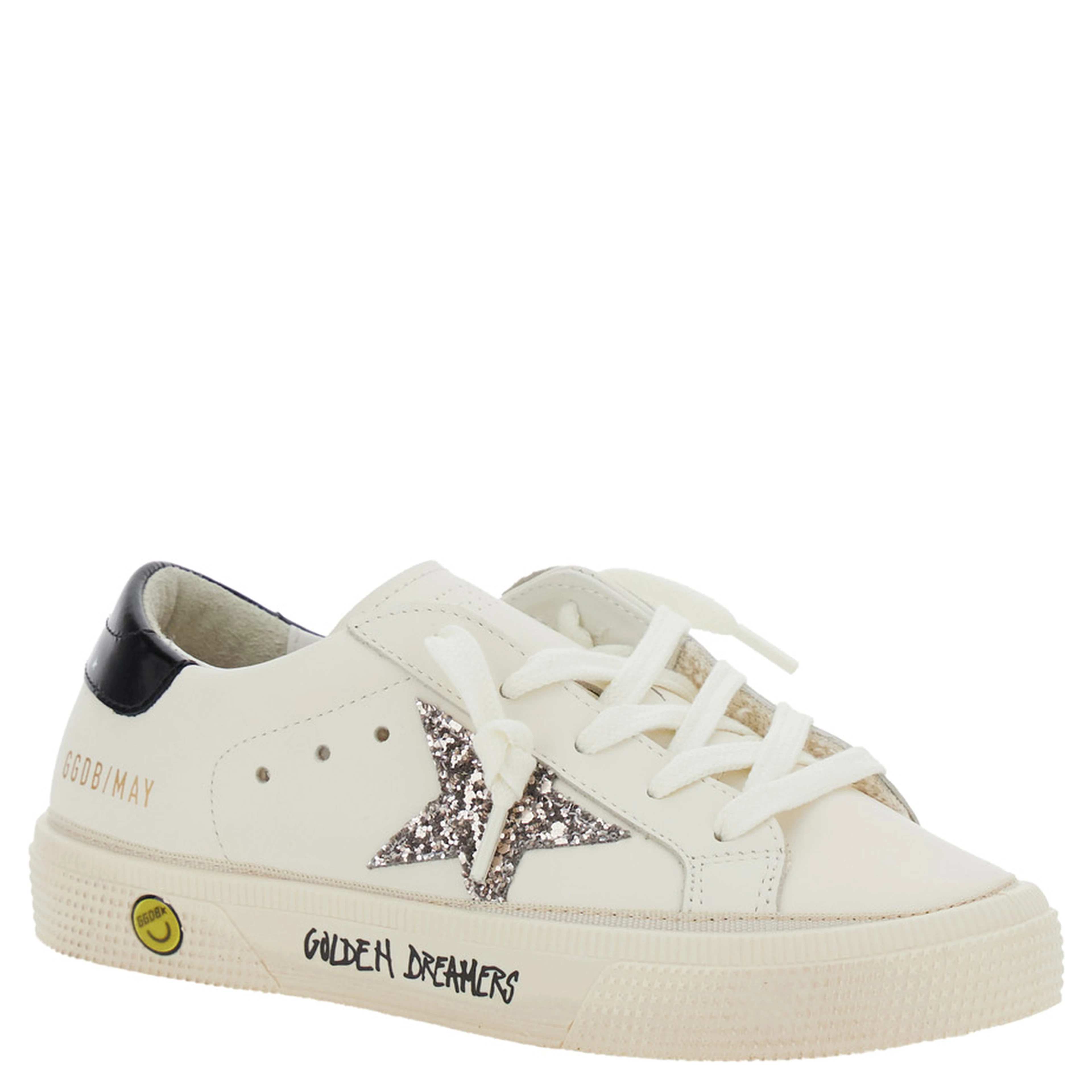 May White Low Top Sneakers with Glittered Star Patch and Contrasting Heel with Logo Lettering in Leather Girl