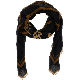 Black Square Scarf with Cassandre on the Front and Leopard Motif in Wool Woman