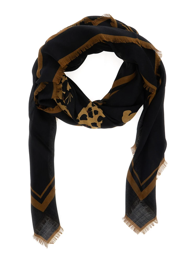 Black Square Scarf with Cassandre on the Front and Leopard Motif in Wool Woman alternative