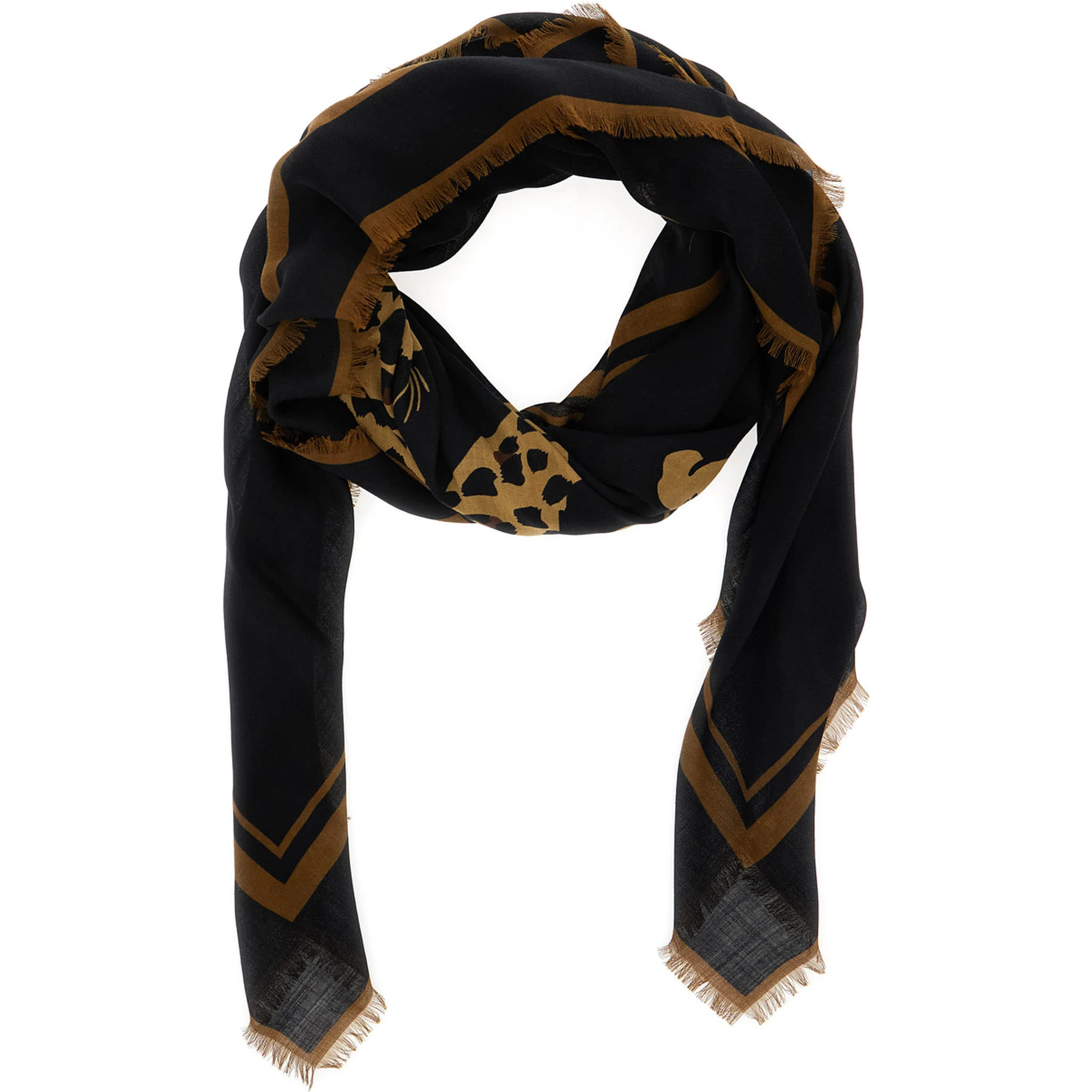 Black Square Scarf with Cassandre on the Front and Leopard Motif in Wool Woman