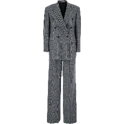 Grey Double-Breasted Suit with Plaid Pattern and Notched Revers in Wool Woman
