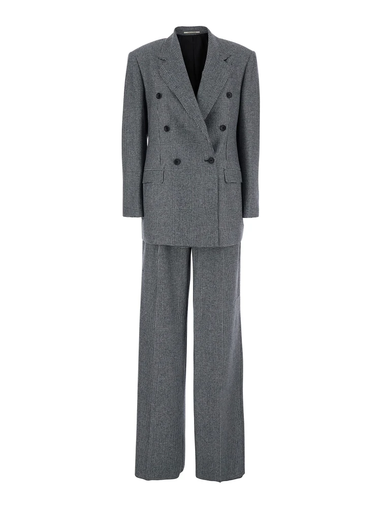 Grey Double-Breasted Suit with Plaid Pattern and Notched Revers in Wool Woman