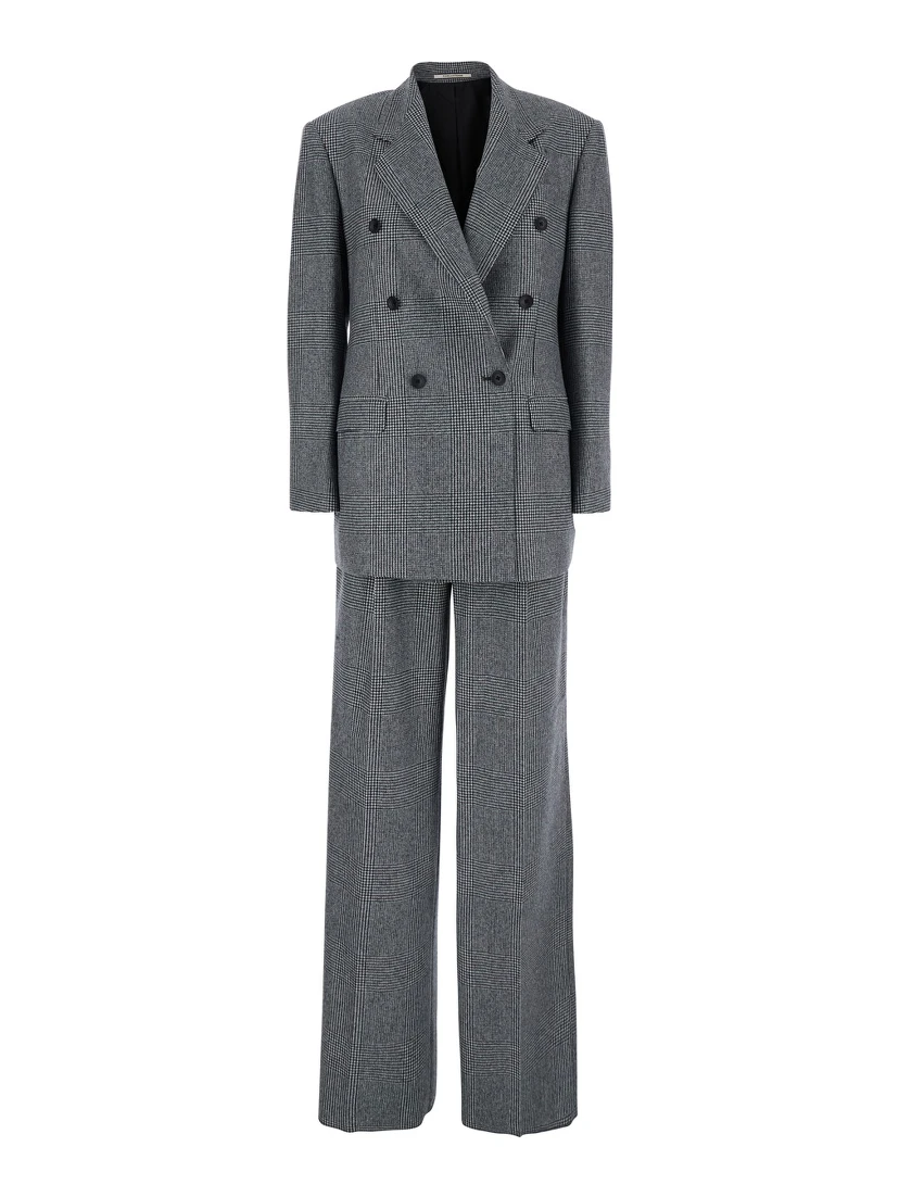 Grey Double-Breasted Suit with Plaid Pattern and Notched Revers in Wool Woman