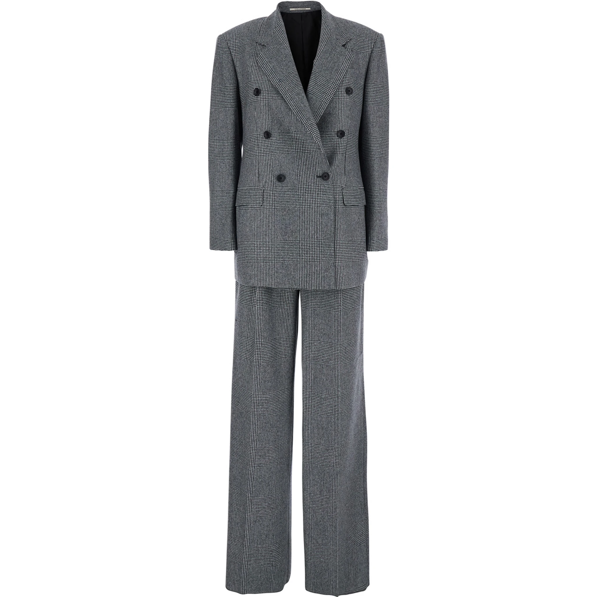 Grey Double-Breasted Suit with Plaid Pattern and Notched Revers in Wool Woman