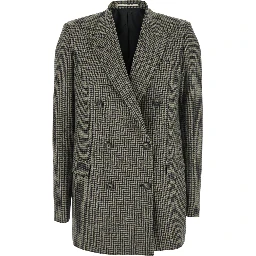 Brown Double-Breasted Jacket with Notched Revers and All-Over Check Motif in Wool Woman