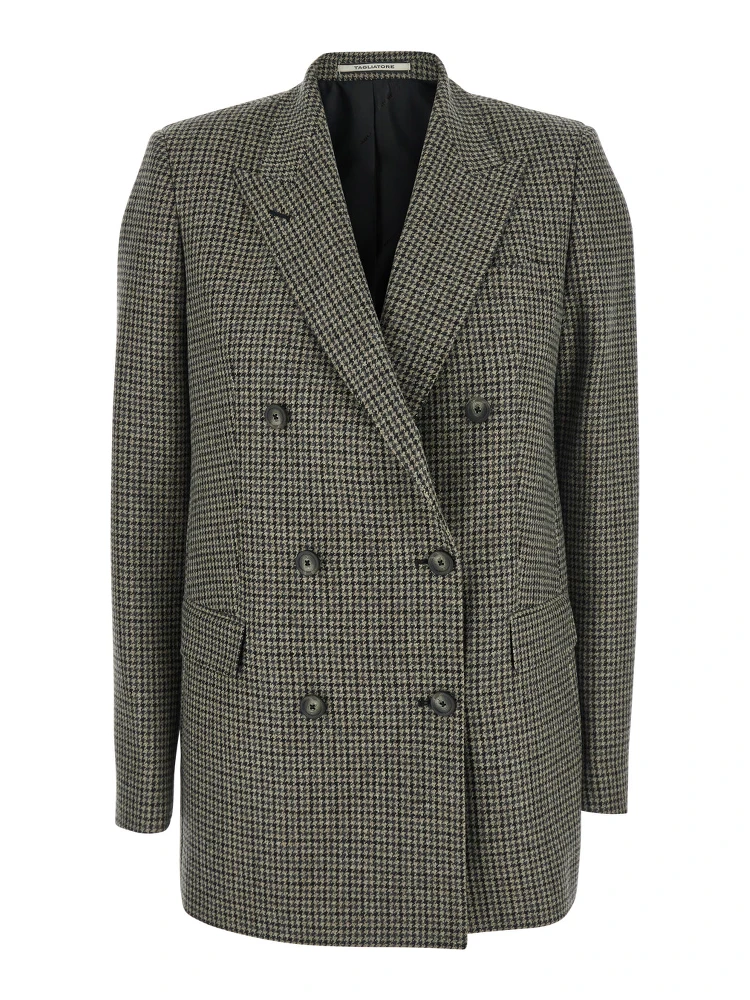 Brown Double-Breasted Jacket with Notched Revers and All-Over Check Motif in Wool Woman