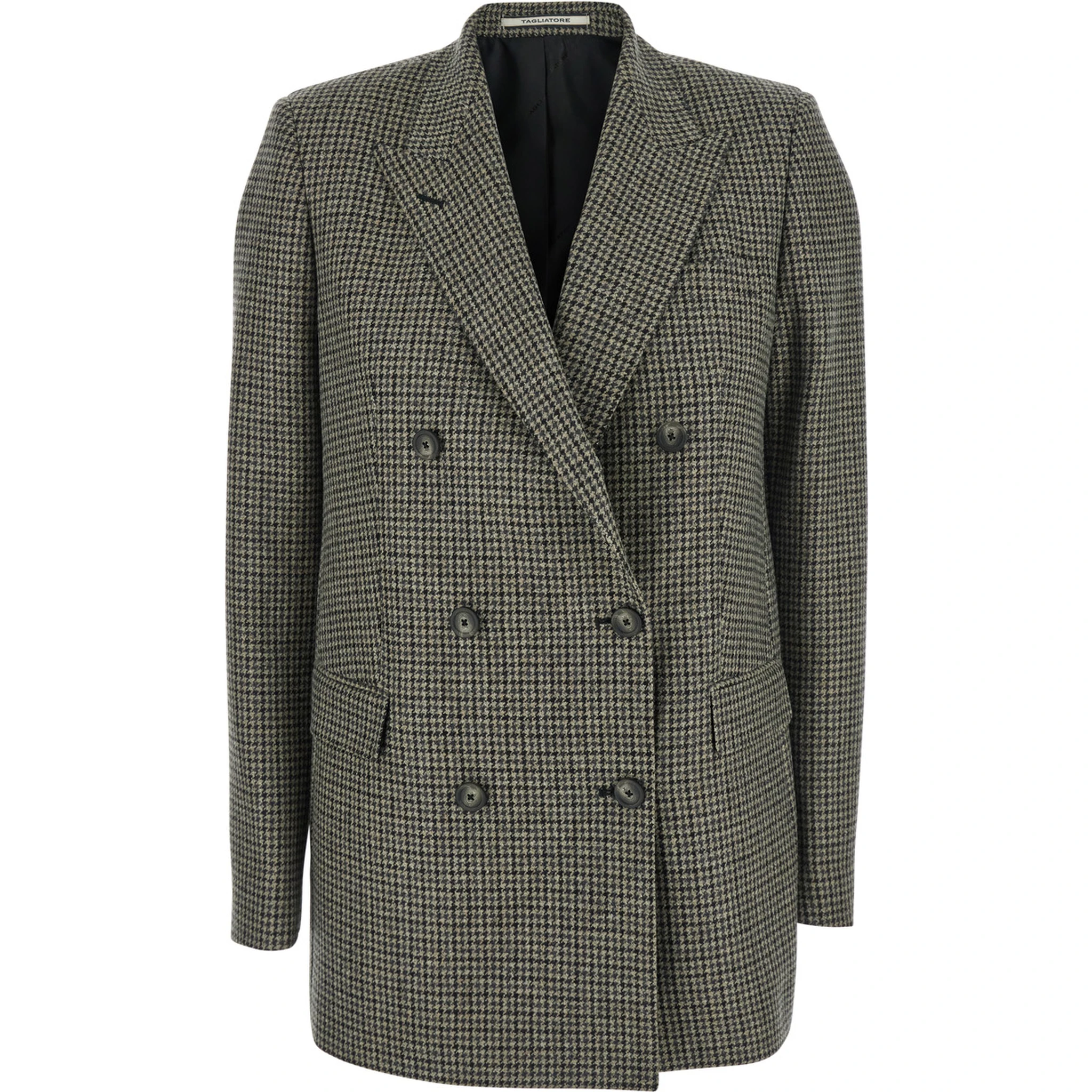 Brown Double-Breasted Jacket with Notched Revers and All-Over Check Motif in Wool Woman