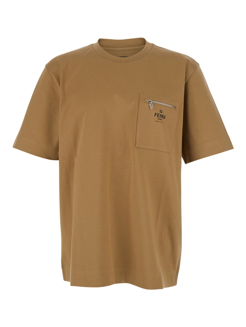 Beige T-Shirt with FF Patch Pocket in Cotton Man