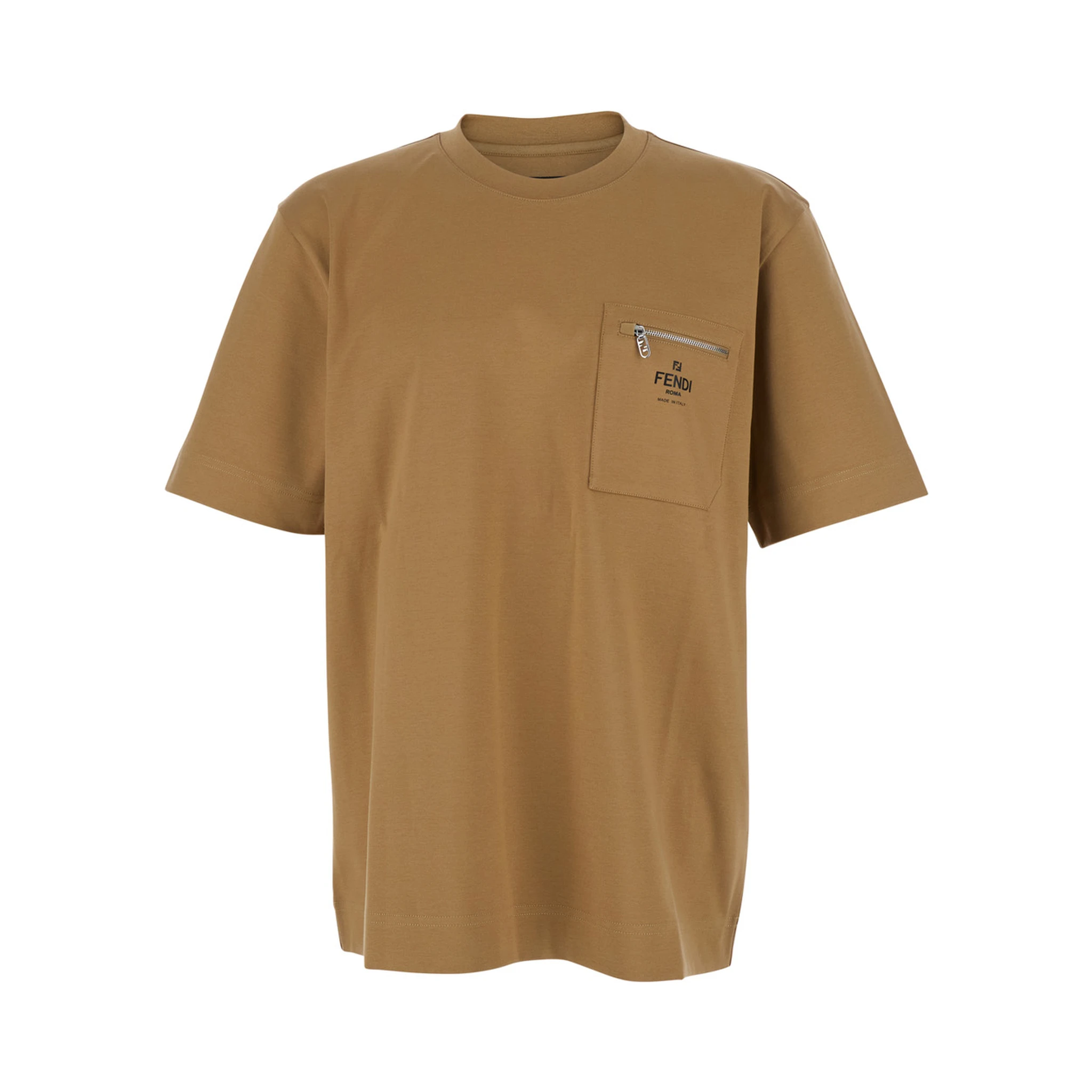 Beige T-Shirt with FF Patch Pocket in Cotton Man